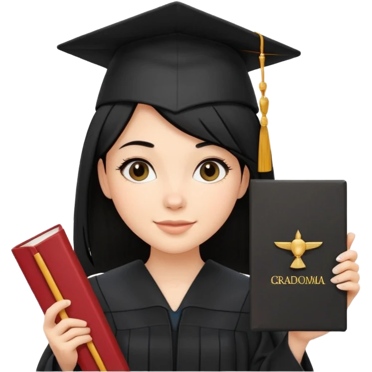 white girl with straight black hair, holding diploma, black graduation cap and gown, cheerful emoji