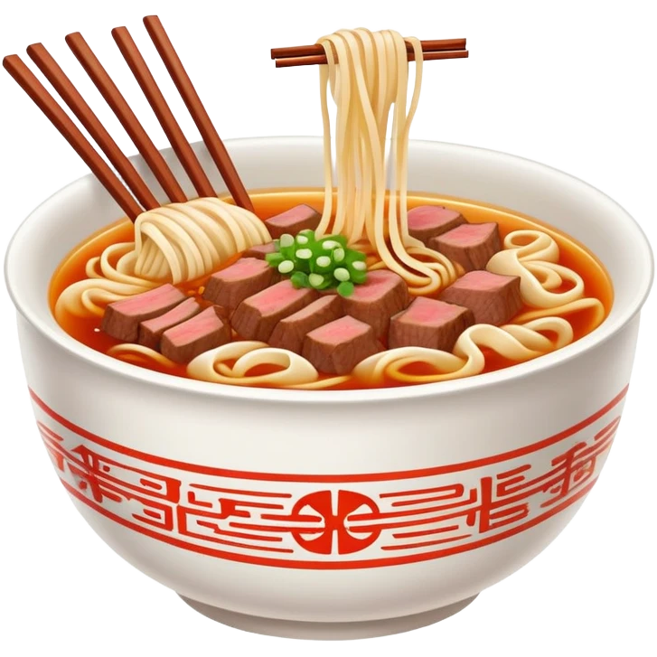 Lanzhou hand-pulled noodles with beef and broth, simplified emoji style with bold outlines and bright colors, cartoon style lamian in bowl emoji