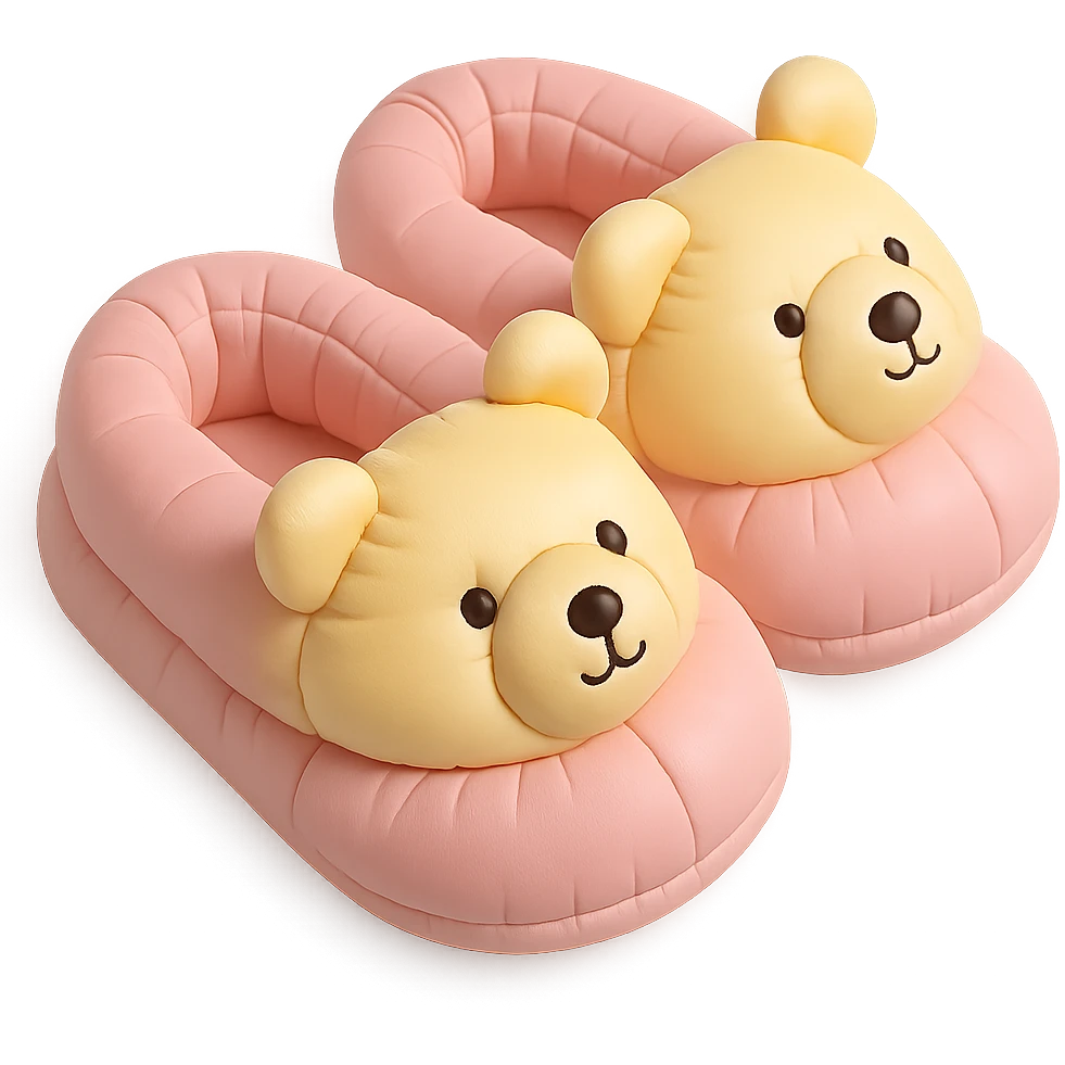 pair of cozy animal-shaped bedroom slippers in pastel colors, cushion style emoji