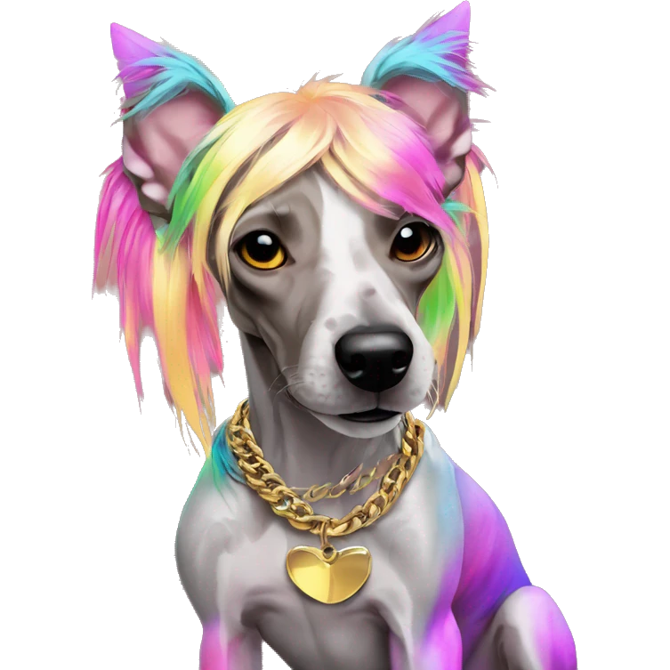 Punk Chinese crested dog neon rainbow hair gold chain punk piercings tattoos punk ear piercings emoji