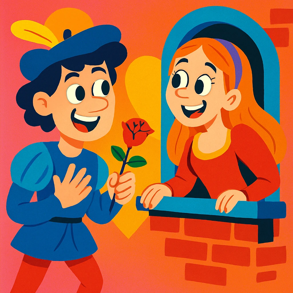 Romeo and Juliet as a cartoon couple, bright colors, exaggerated expressions, playful and lighthearted, cartoon style emoji