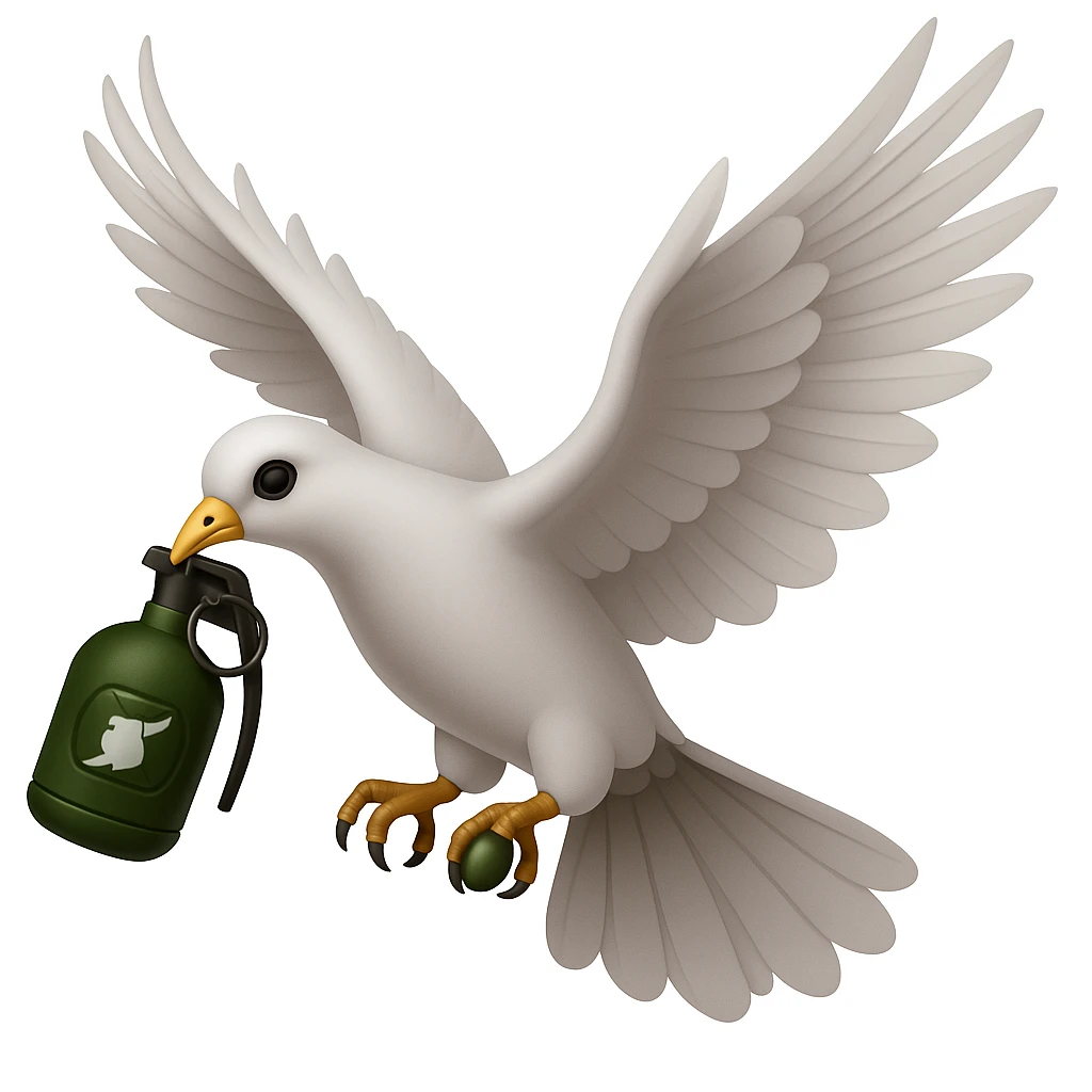 a flying dove holding a grenade in its paws, inspired by the Hollywood Undead logo, in the style of Apple emoji emoji