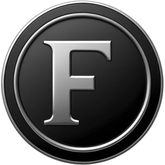 Emoji icon of a black coin with engraved letter F, minimalist style, isolated emoji
