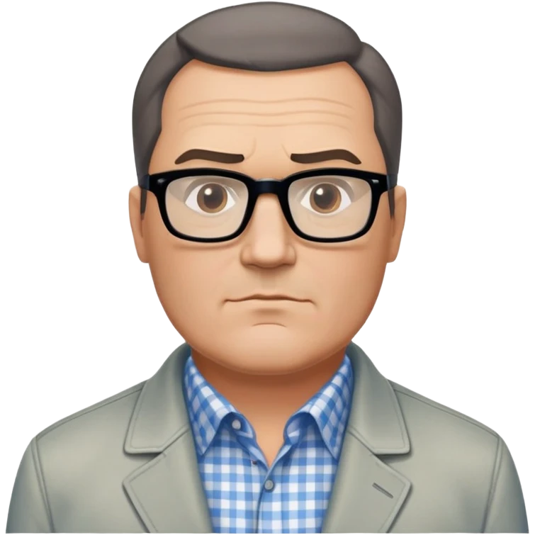 50-year-old heavyset man with very wide face and prominent square jawline. Short straight hair combed to the side, not balding. Large dark square glasses. Serious-relaxed expression. Light gray jacket that fits his larger frame, white shirt with blue checkered pattern. emoji