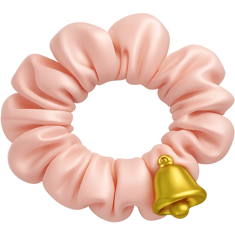 Change the gold star charm to a small Christmas bell charm on the pastel pink silky scrunchie, keep the 3D emoji style and shimmer effect. emoji