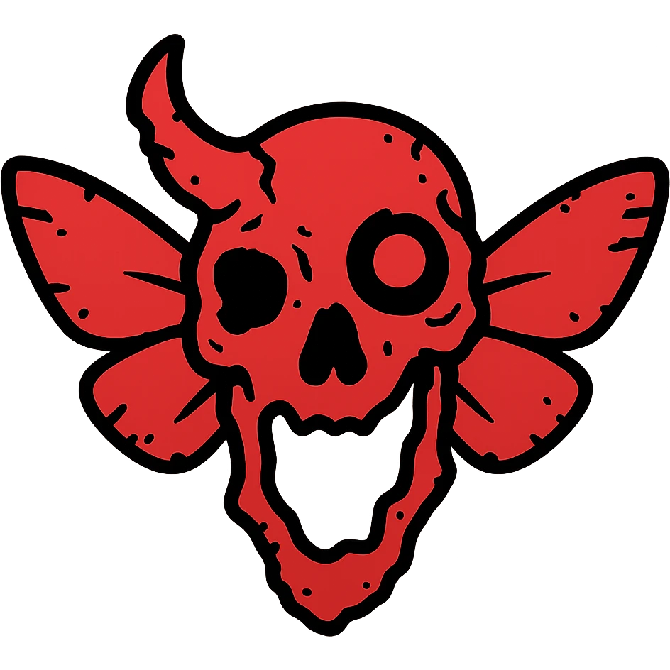 highly detailed red horror icon of distorted minotaur-stoat skull with broken horn and glowing eye, with moth wings, featuring very hollow transparent middle section with most details around the perimeter, weathered edges with missing sections, detailed bone textures around outer parts only, 100% red with distorted features emoji