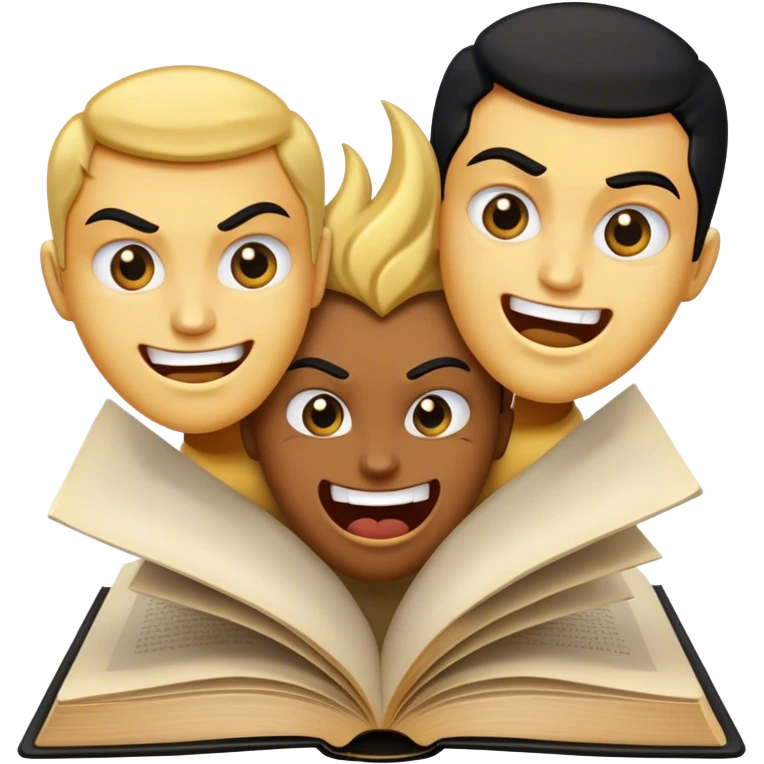 open book with three faces, smiling and happy,one angry, one smiling and happy, make it black and gold one that is okei, natural. emoji