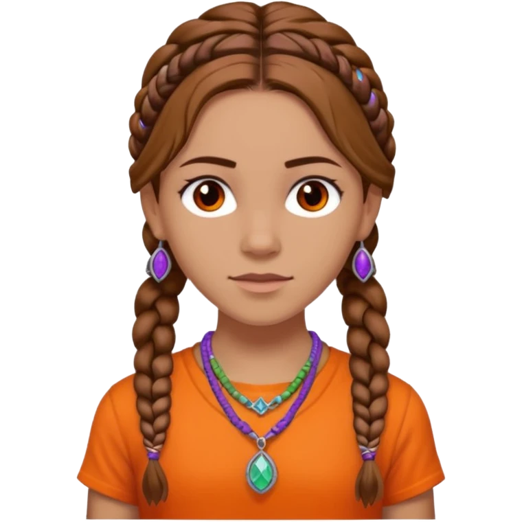 Black Annabeth Chase her head full of braids all over brow hair and a orange shirt that says CHB and with a purple orange green and blue and white beaded necklace emoji