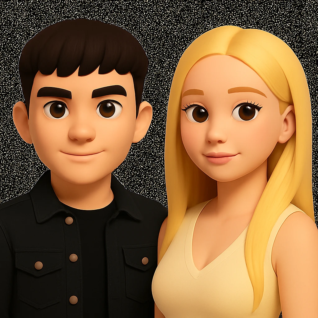 Slightly increase the volume of the upper body of the girl, separate the girl and the boy from each other, and make the skin color the same for both characters. Preserve the cartoonish 3D style in the image. emoji