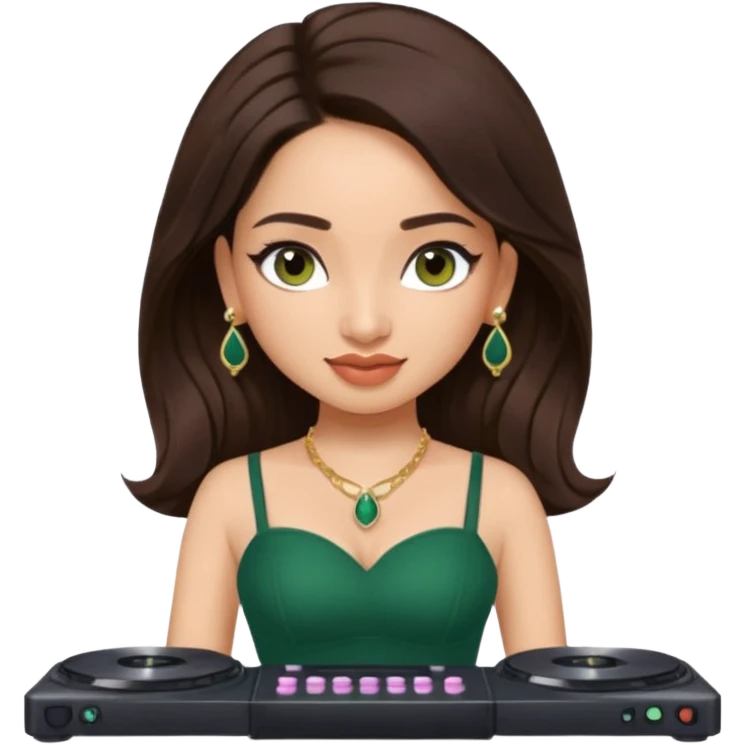 pretty bratz genmoji that looks like tamannah bhatia (bollywood actress), wearing a dark green sweetheart neckline top, dark brown hair, light makeup, no necklace, dangly earrings, side hair part, dark brown eyes, djing emoji