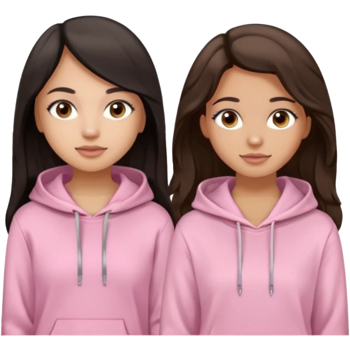 A pretty girl with light skin and long straight black brown hair, wearing a very light pink basic hoodie with brown eyes and makeup and a round face with another girl who is taller with an oval face, tan skin and very wavy brown hair, and a light pink basic shirt emoji
