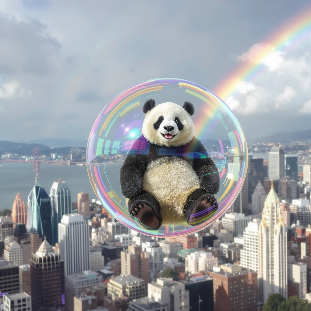 cinematic still of a panda bear sitting inside a bubble, flying above San Francisco downtown, sunny summer day, happy vibe, colorful surroundings, rainbow in the sky emoji