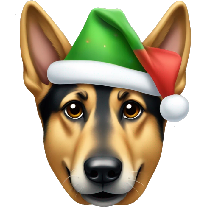 A German shepherd wearing a Christmas hat with a dog bone in its mouth emoji
