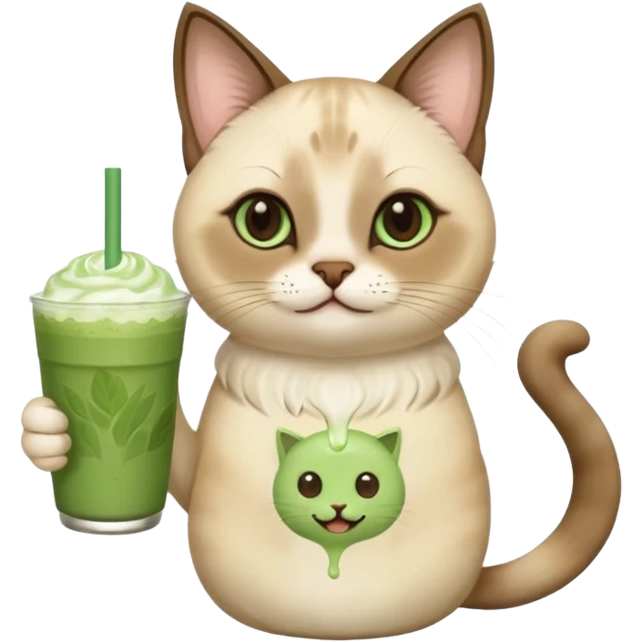 Happy Siamese Cat holding in its paws an iced matcha latte emoji