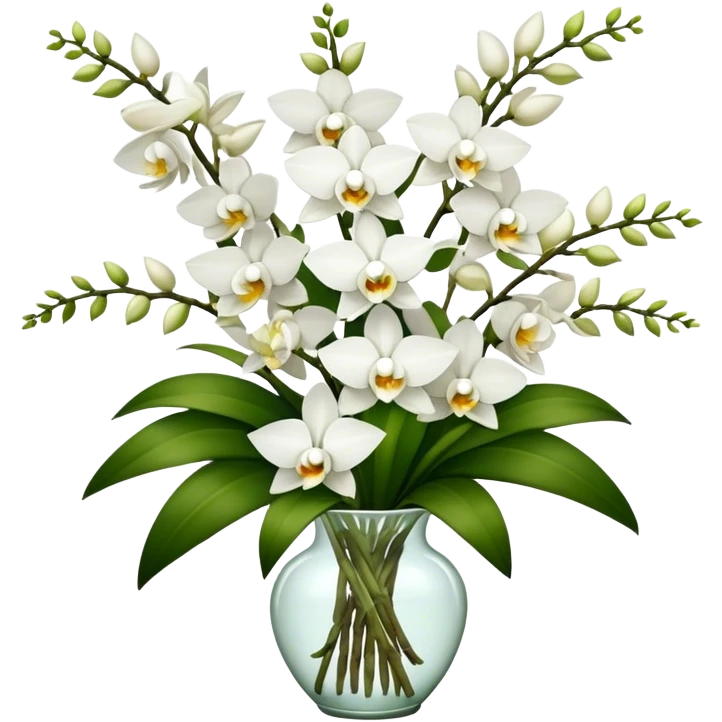big bouquet white Dendrobium Orchid flower, stem, leaf emoji