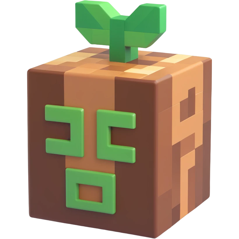 Minecraft support emoji, 3D emoji style, blocky, green and brown colors, inspired by Minecraft game emoji