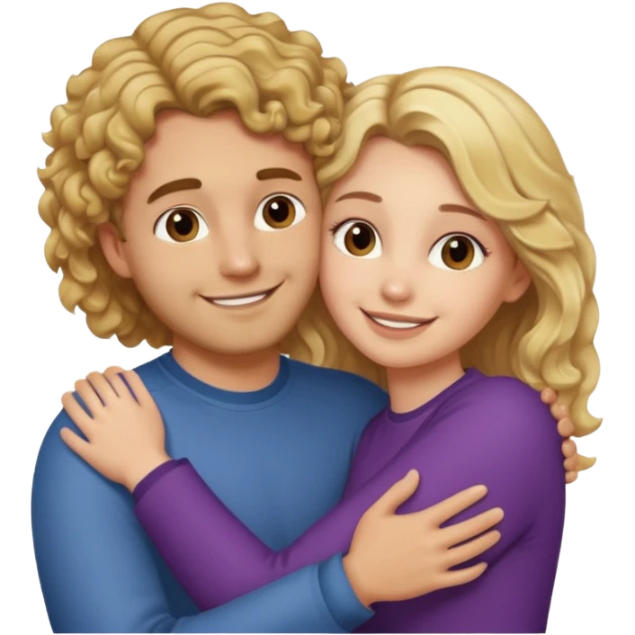blonde girl with straight hair and medium toned guy with brown curly hair hugging emoji