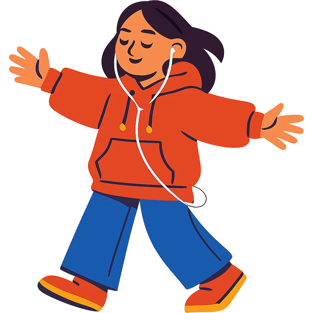 z generation girl, oversized hoodie and jeans, wearing earphones, free feeling emoji