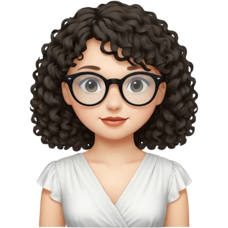 create a frontend girl that has a round face curly hair with a side curtain bangs and wears black rayban glasses doesnt smile with her teeth and white emoji