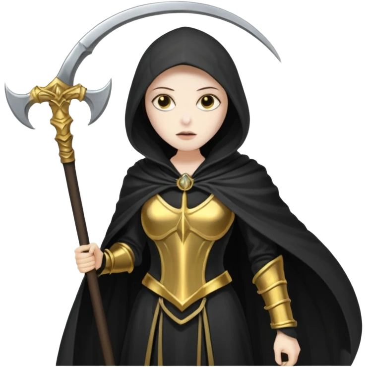 feminine grim reaper in a gold with scythe emoji