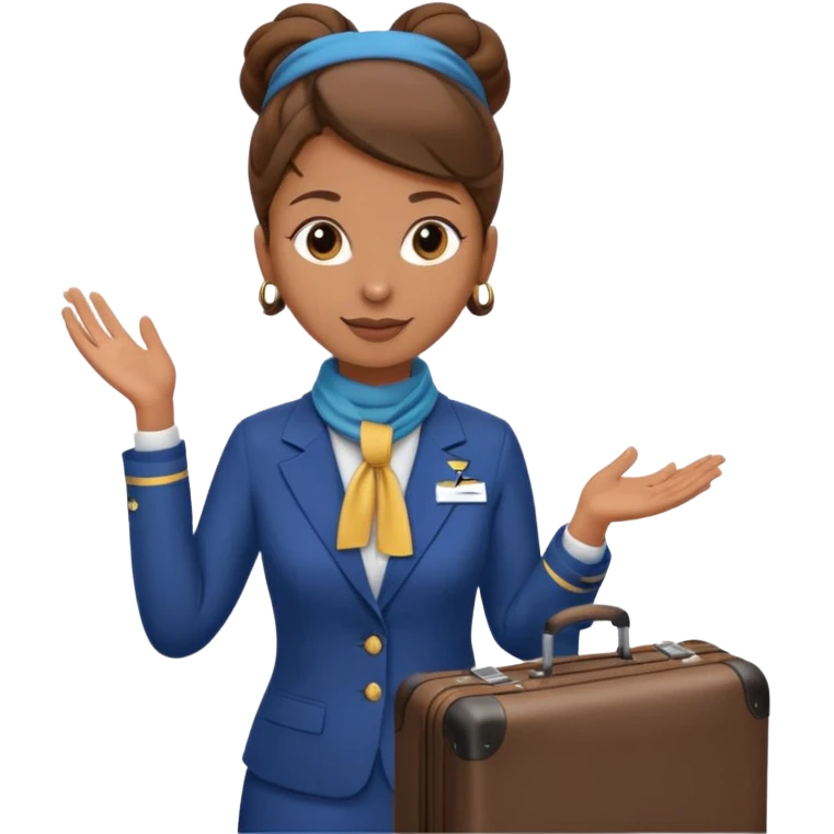 flight attendant, Light Brown skin, brown hair in single bun, neck scarf, suitcase emoji