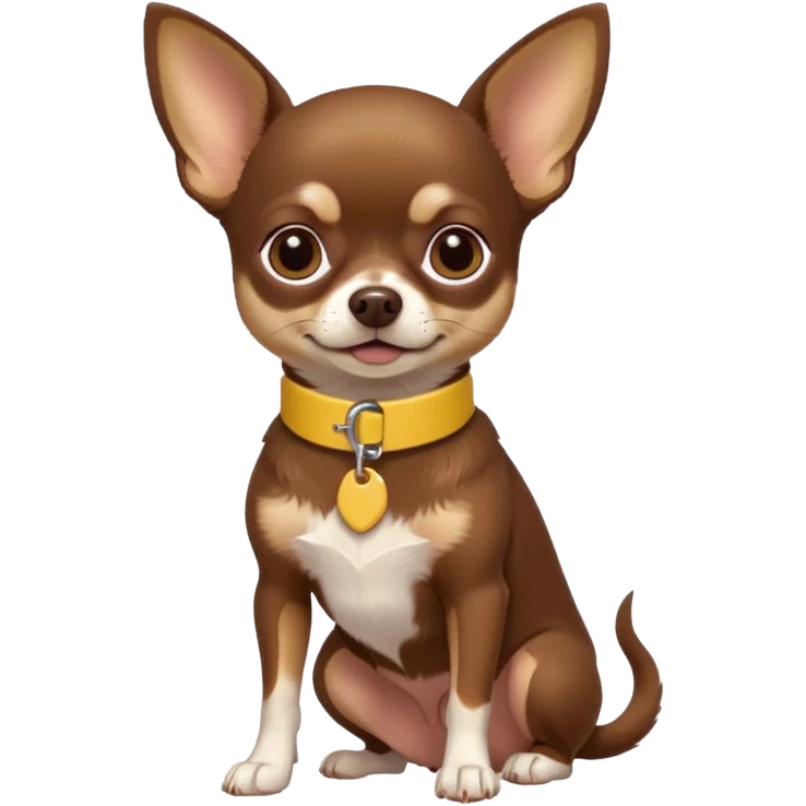 Chihuahua color chocolate con las patitas y pecho color café claro, un pequeño collar amarillo  emoji