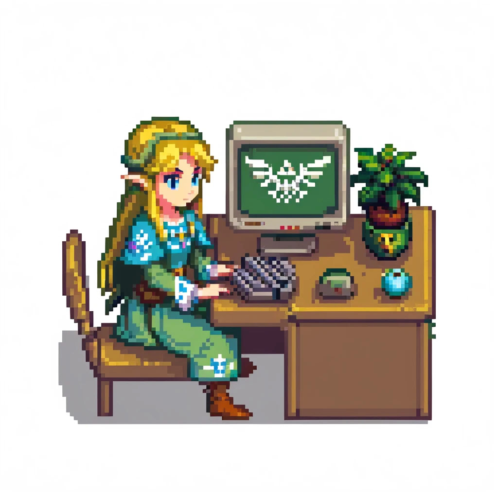 Princess Zelda sitting at computer typing code emoji