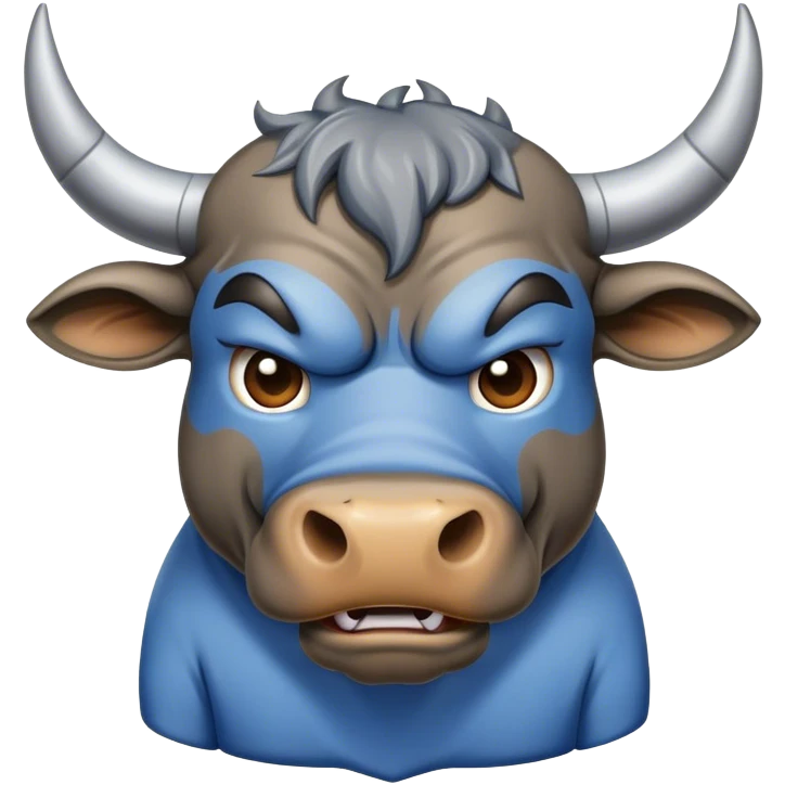 Toro que se vea agresivo a representar a una empresa que funde metales vestido con una camiseta  azul y ploma emoji