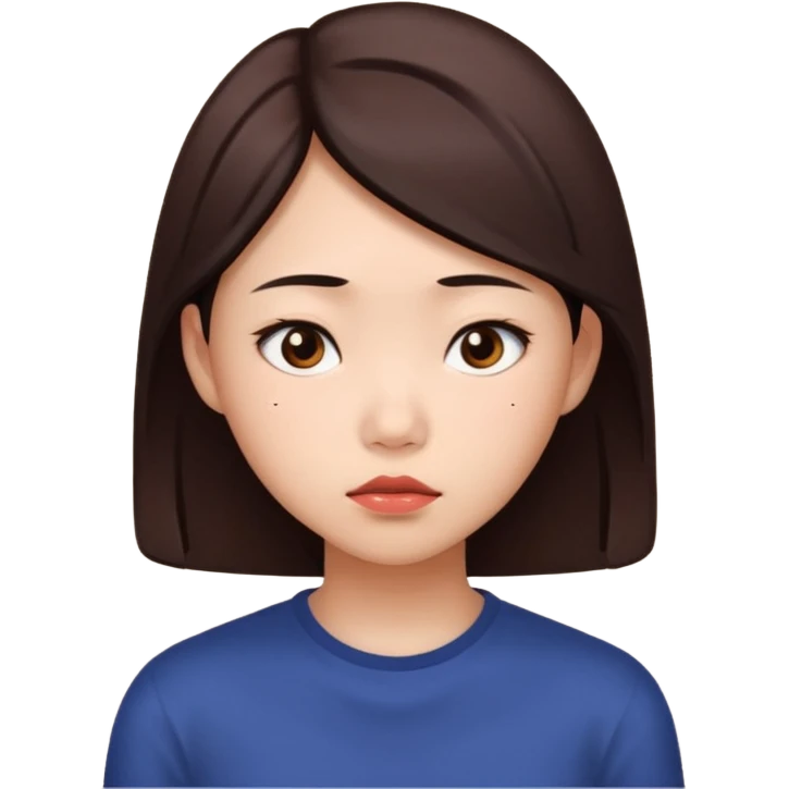 A young Asian female with a gloomy expression, thinking of chocolate emoji