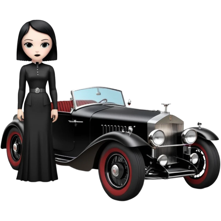 Wednesday Adam’s Blood stained Satanic Darth Vader black Bare bones (channeled cowl) drag racing and speed record modified (fenders removed) chopped streamlined sporty roadster that is a (stripped down) hot street rodded engine sports car 1932 Rolls Royce Woody futuristic  wide racing wheels emoji