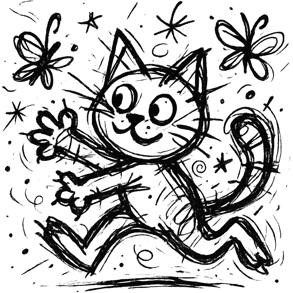 cute cat playfully chasing butterflies with wild scribbled lines and whimsical details emoji