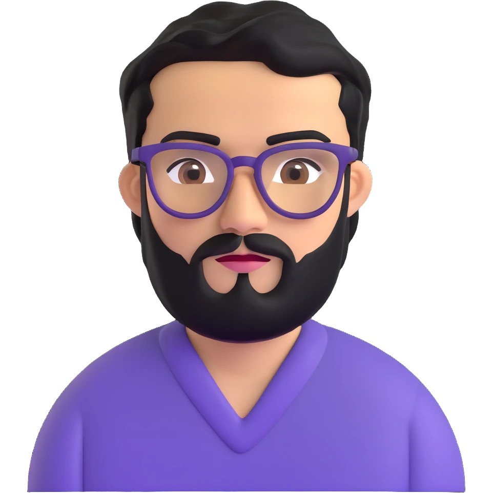 man with medium black beard, black hair, very prominent unibrow, olive tan skin, brown eyes, and glasses emoji
