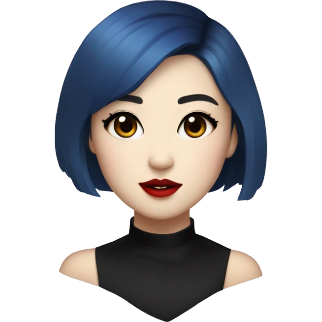 Dani Kim A Korean-white woman with short blue asymmetric bobbed hair, rounded heart-shaped face, red lipstick, black eyeliner and mascara wings, and black choker collar emoji
