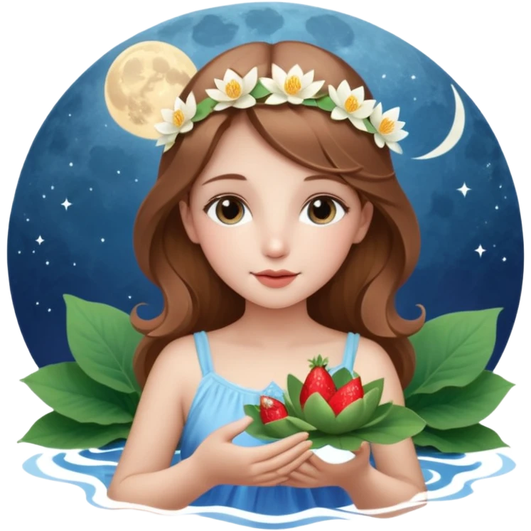 یه دختر زیبا با موهای قهوه ای روشن که مثل یک فرشته است و تازه متولد شده به همراه گل نیلوفر لای موهاش بالای گوشش و همراه با نیلوفرهای آبی و یک گل نیلوفر ترکیب شده با توت فرنگی در دست راستش. در ماه زیبا و بزرگ به وجود  آمده emoji