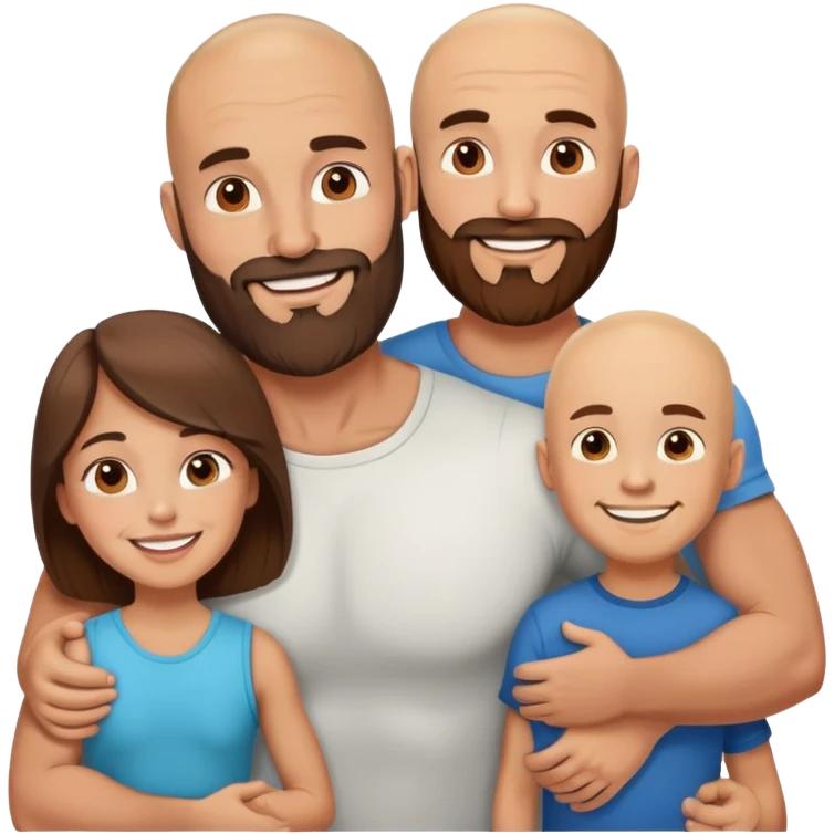 Happy Muscular Bald beard man and his hot wife with long brown hair and 3 sons emoji
