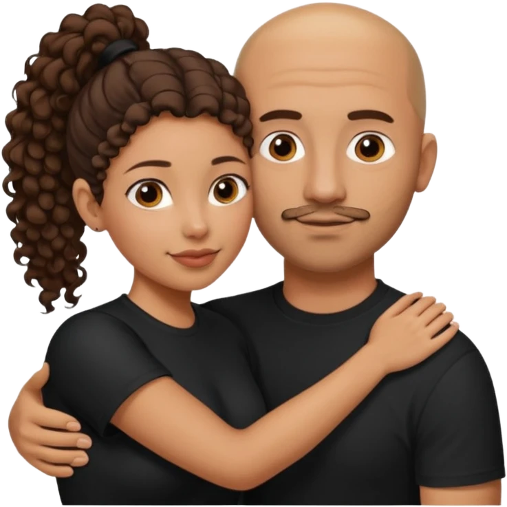 A picture of a tanned couple embracing. the man is a Mexican man with tanned skin, a bald hair cut, short beard and wearing a black shirt. the woman is mixed, with curly brown hair in a pony tail and with big boobs  emoji