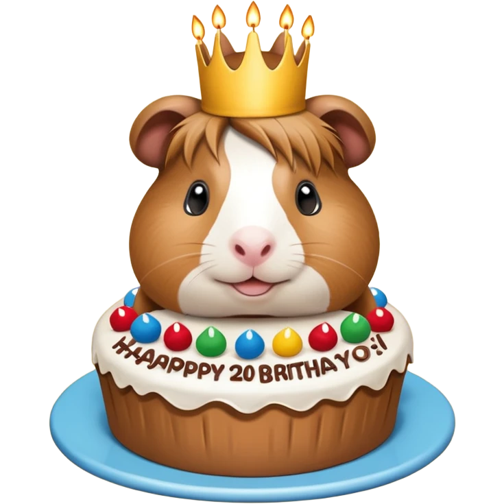 Guinea pig with a cake that’s says “Happy 20th Birthday Bianca” emoji