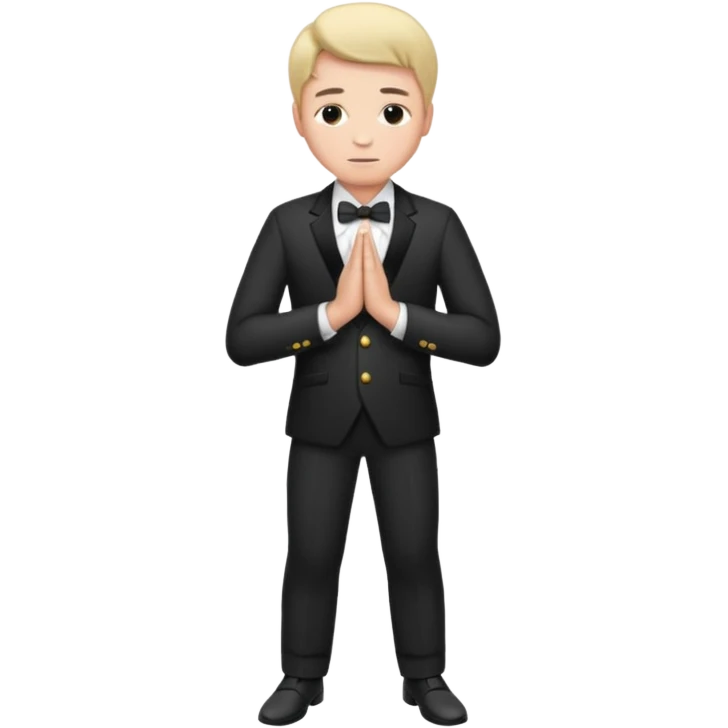 Man formally dressed, put both hands on top of navel and bows emoji