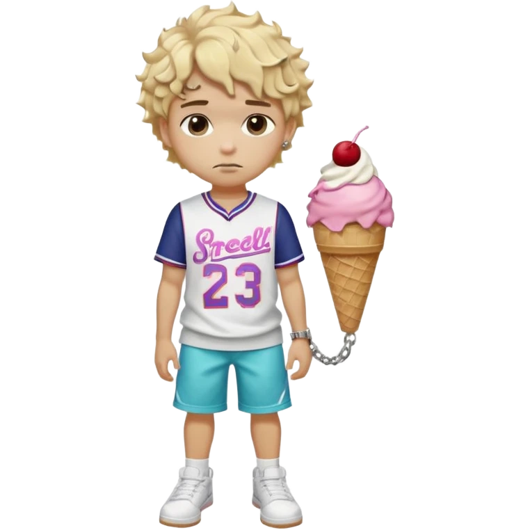 A young boy with Sharp fade, clean shape-up, curly or twisted top, sometimes dyed or with shaved design blonde hair  whop wears a baseball jersey, colorful Ice Cream shorts with cartoon prints, white Air Forces, a crossbody bag, and a chain. Has a fade or durag, serious face, and London street vibes emoji