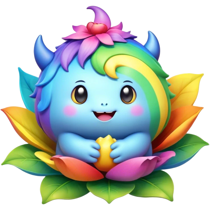 3D, Kawaii derpy fat rainbow monster sitting in a magical rainbow hued flower, rich textures, visually detailed, so lifelike that it feels like it could leap off the page at any moment emoji