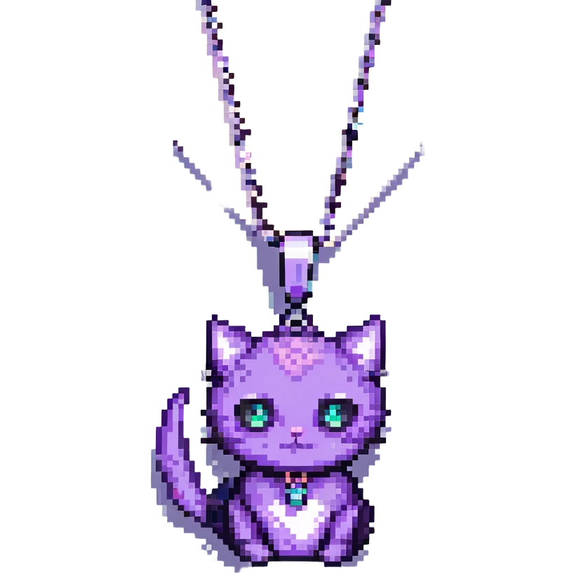 pixel art purple cat, one black eye, white pupils, wearing a crescent moon necklace emoji