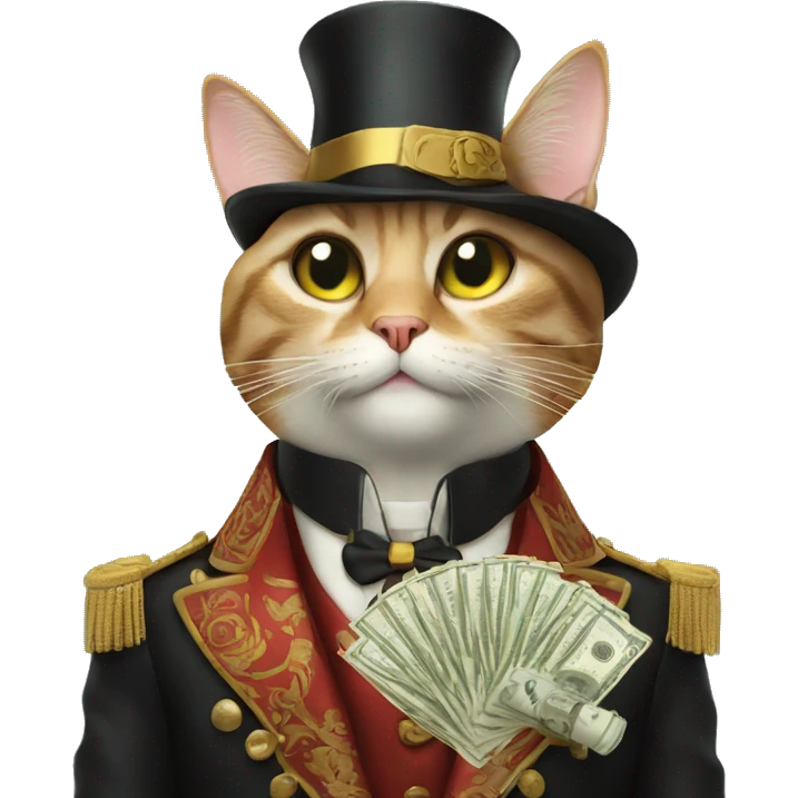 Cat with a cigarette with money signs in his eyes wearing fancy clothes emoji