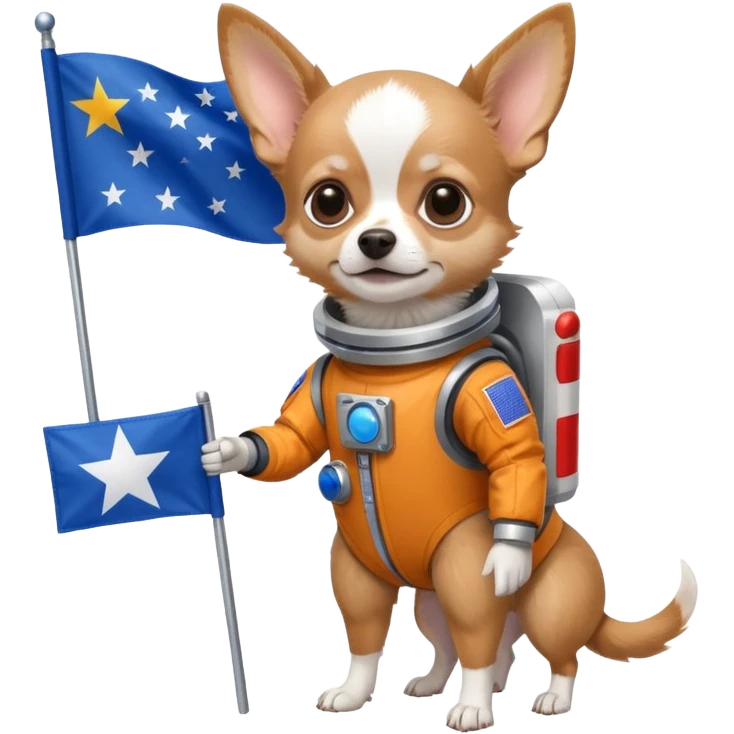 a chihuahua dog in space suit, holding blue rectangle flag, full body, front view emoji