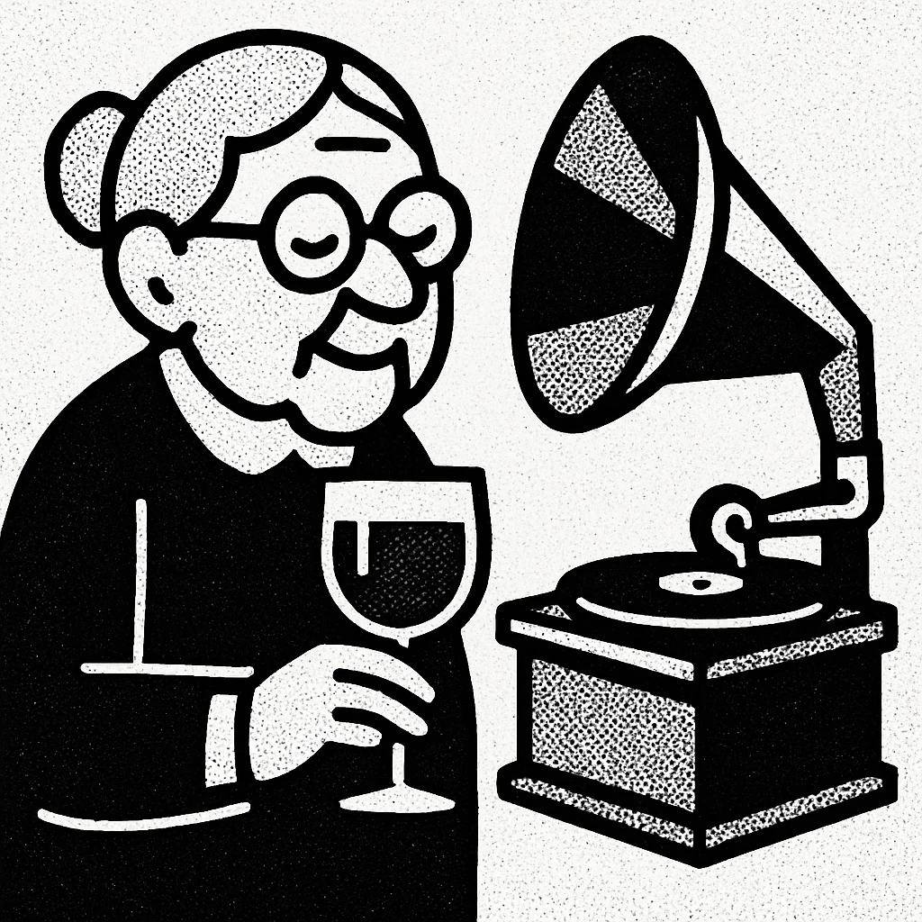 old lady with wineglass listening to gramophone emoji