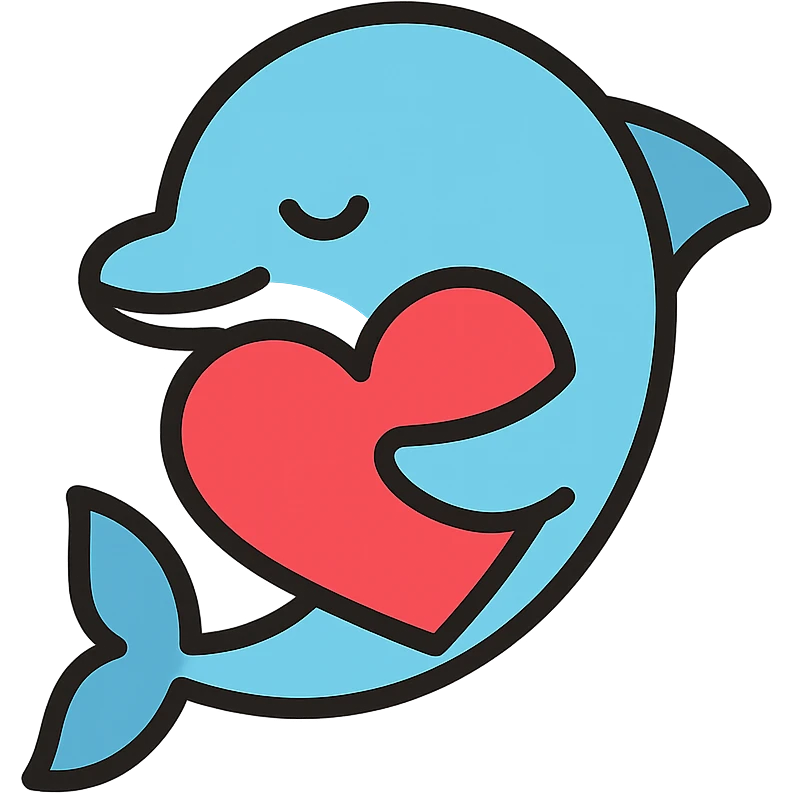 dolphin hugging a heart, simple color icon emoji