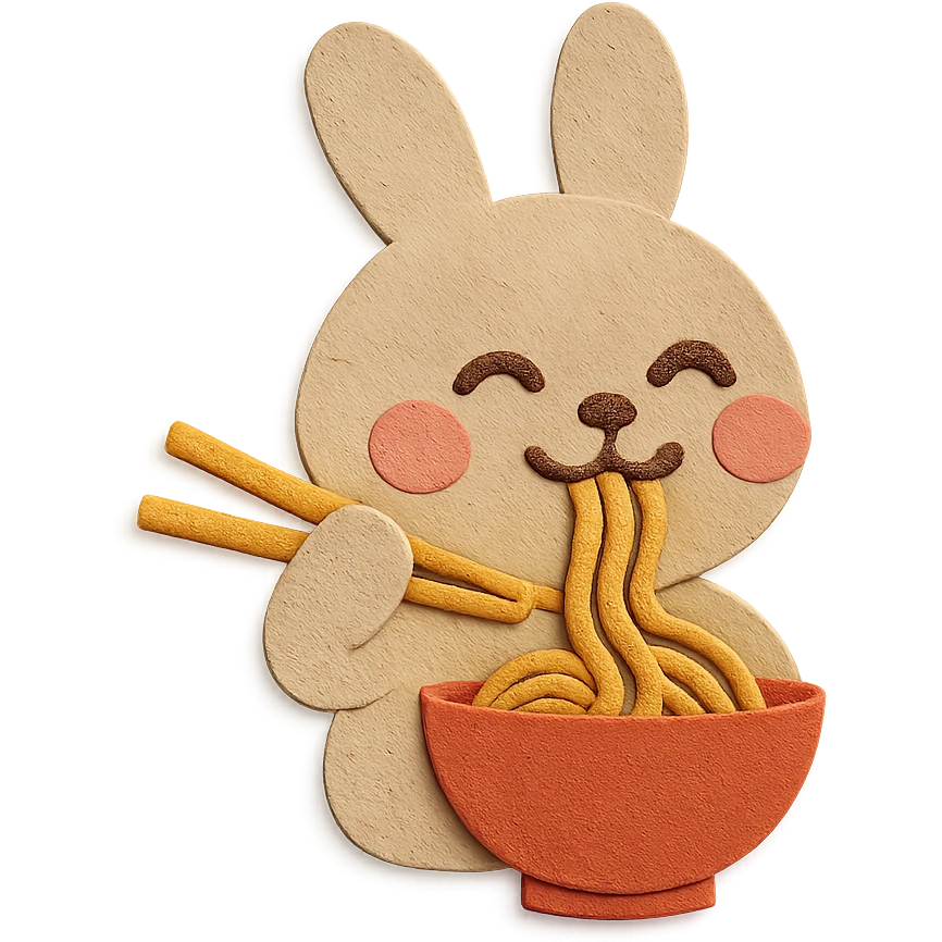 beige bunny happily slurping noodles, chopsticks visible and accurate, paper-craft style emoji