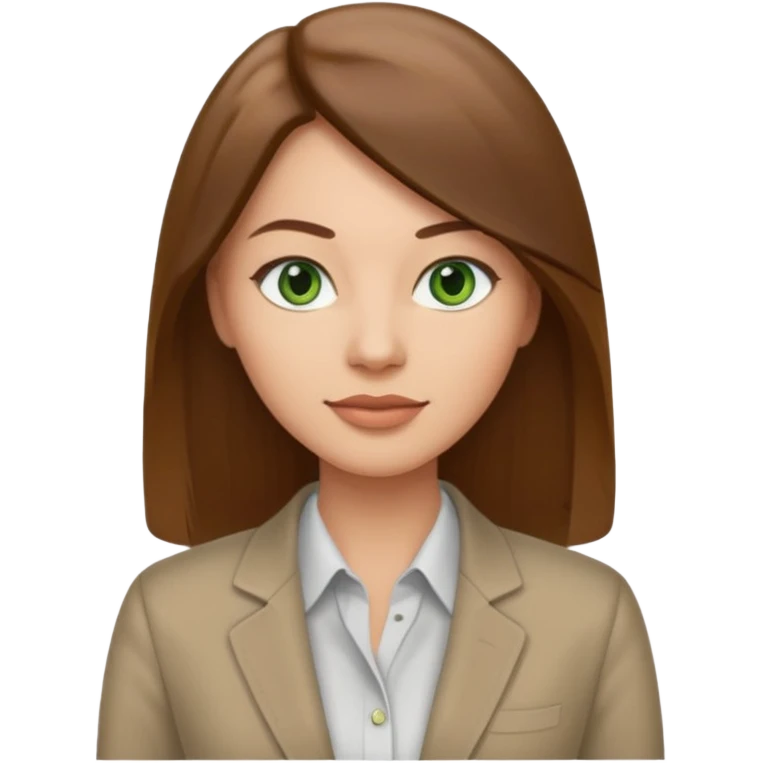 Adult woman avatar, light skin tone, oval face, straight long brown hair, green eyes, neutral mouth, business casual  emoji