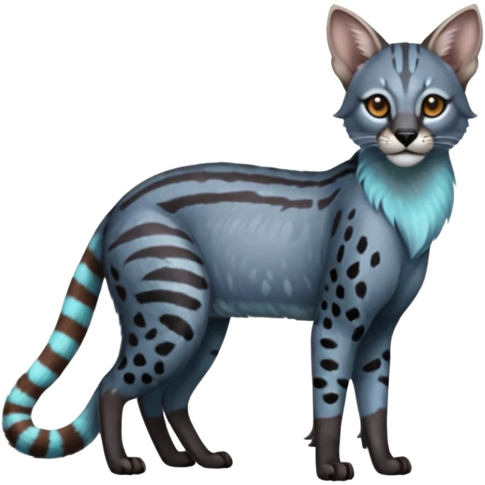 Realistic patterned marked edgy bluish greyish blackish whitish silvery coppery Shiny Colorful Dusky Dark Gloomy Glossy Genet-Caracal-Lion-Bobcat-fusion-animal-hybrid-creature, full body, tufted ears, long thin tufted tail emoji