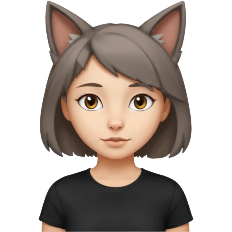 a girl with short brown wolf cut , grey cat ears and a tail, with a black t-shirt on emoji