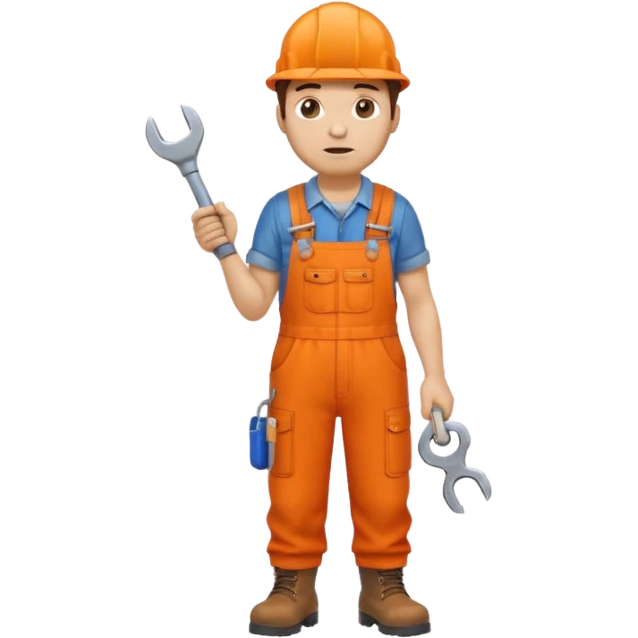 railway engineer, looking tired in full orange overalls, boots, holding a spanner emoji emoji